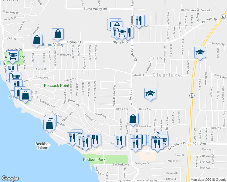 map of restaurants, bars, coffee shops, grocery stores, and more near 14881 Saroni Parkway in Clearlake