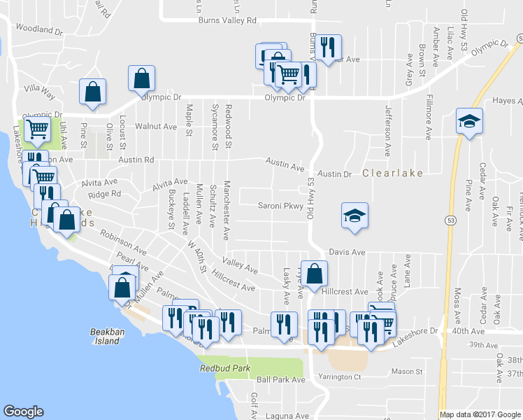 map of restaurants, bars, coffee shops, grocery stores, and more near 14841 Saroni Parkway in Clearlake