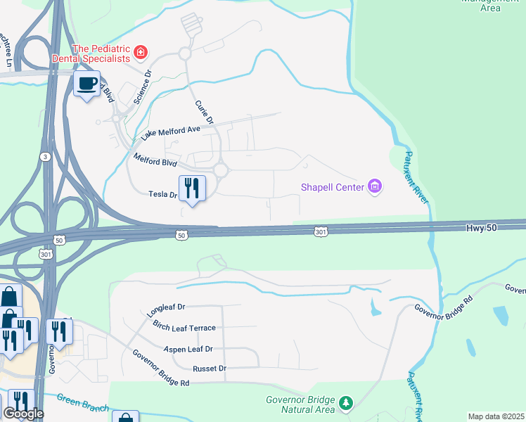 map of restaurants, bars, coffee shops, grocery stores, and more near 5041 Howerton Way in Bowie