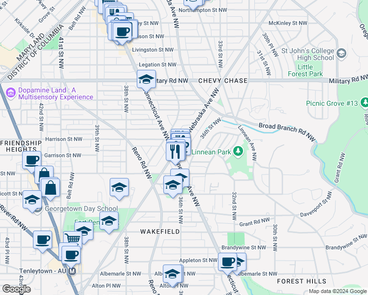 map of restaurants, bars, coffee shops, grocery stores, and more near 5121 Nebraska Avenue Northwest in Washington, D.C.