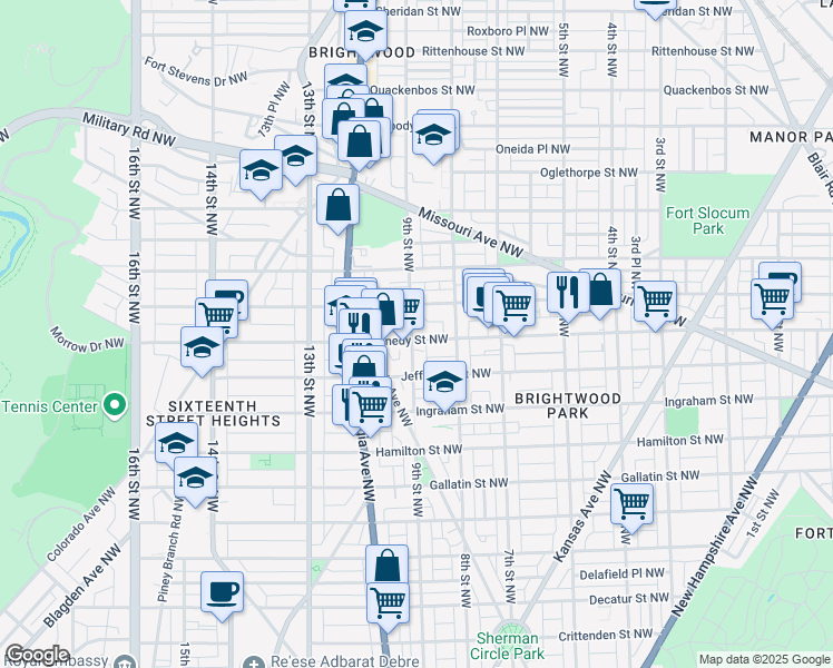 map of restaurants, bars, coffee shops, grocery stores, and more near 839 Kennedy Street Northwest in Washington