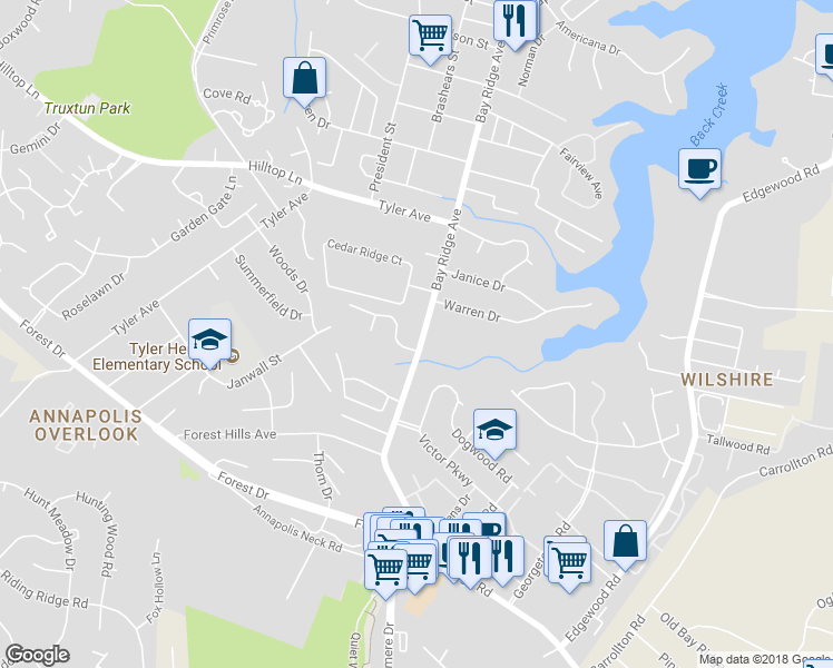 map of restaurants, bars, coffee shops, grocery stores, and more near 1812 Bay Ridge Ave in Annapolis