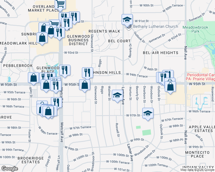 map of restaurants, bars, coffee shops, grocery stores, and more near 9500 Walmer Street in Overland Park