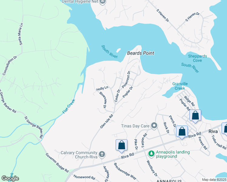 map of restaurants, bars, coffee shops, grocery stores, and more near 518 Laurel Road in Riva