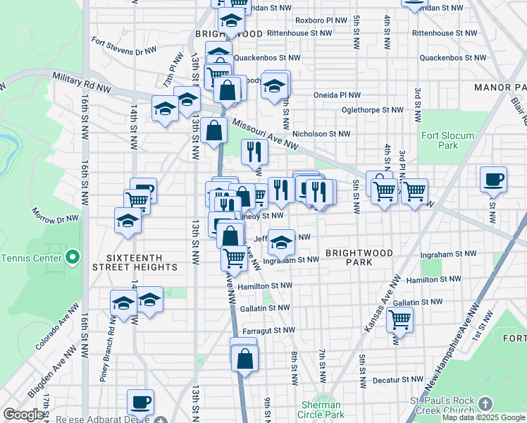 map of restaurants, bars, coffee shops, grocery stores, and more near 839 Kennedy Street Northwest in Washington