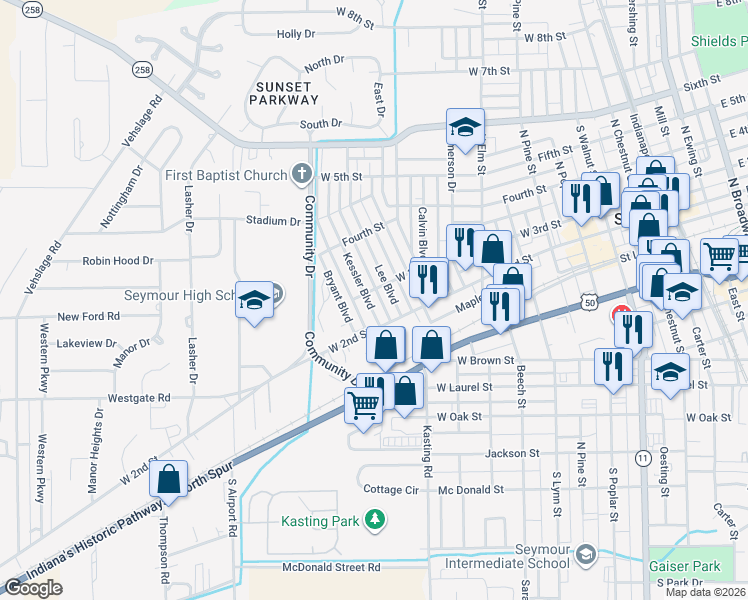 map of restaurants, bars, coffee shops, grocery stores, and more near 212 Kessler Boulevard in Seymour