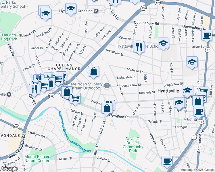 map of restaurants, bars, coffee shops, grocery stores, and more near 101 Independence Avenue Southeast in Washington