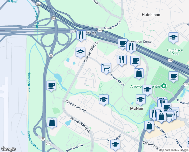 map of restaurants, bars, coffee shops, grocery stores, and more near 2450 Masons Ferry Drive in Herndon