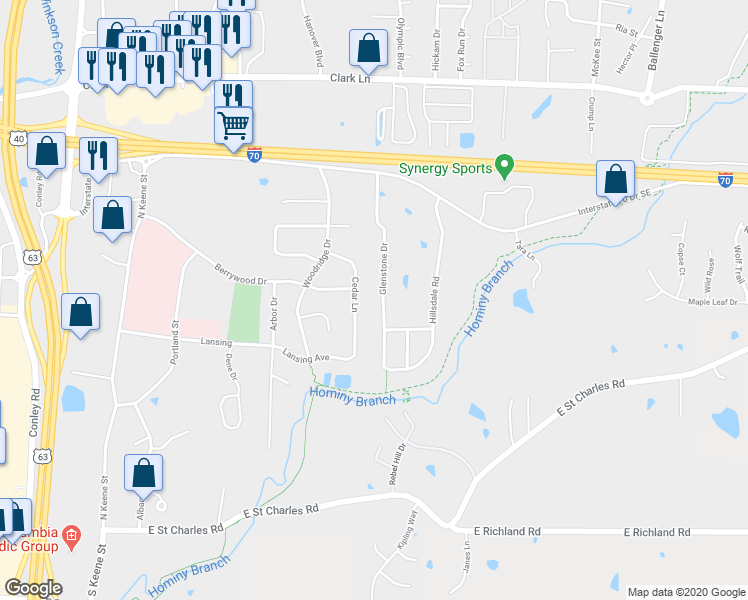 map of restaurants, bars, coffee shops, grocery stores, and more near 502 Glenstone Drive in Columbia