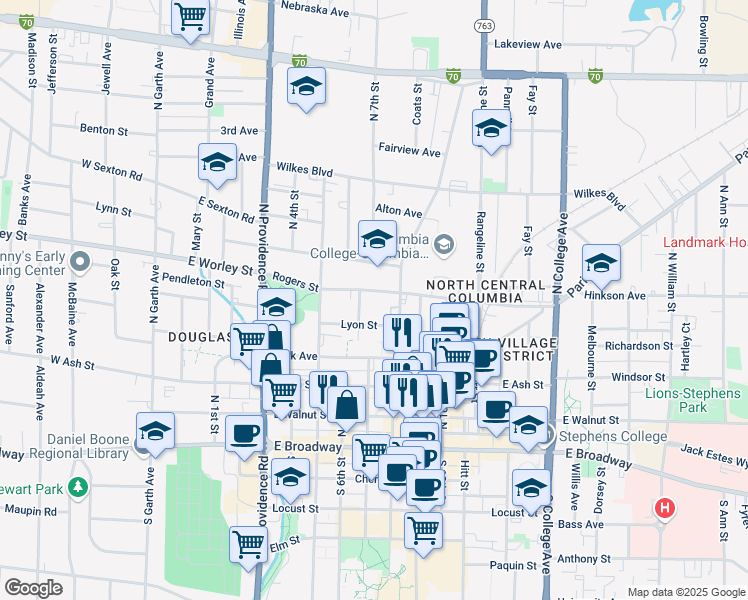 map of restaurants, bars, coffee shops, grocery stores, and more near 704 Rogers Street in Columbia