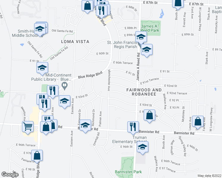 map of restaurants, bars, coffee shops, grocery stores, and more near 7900 East 92nd Terrace in Kansas City