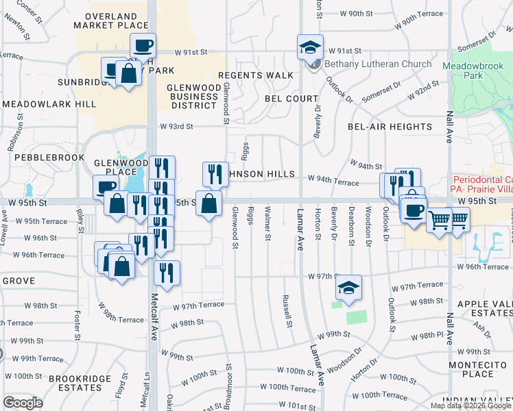 map of restaurants, bars, coffee shops, grocery stores, and more near 9500 Walmer Street in Overland Park