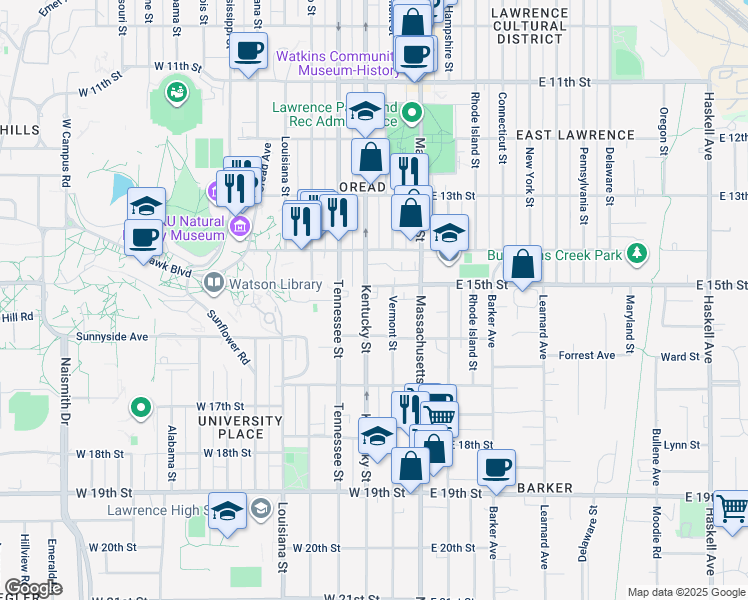 map of restaurants, bars, coffee shops, grocery stores, and more near 1512 Kentucky Street in Lawrence