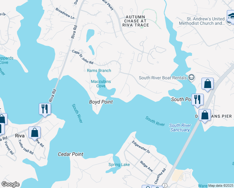 map of restaurants, bars, coffee shops, grocery stores, and more near 2998 Valley View Road in Annapolis