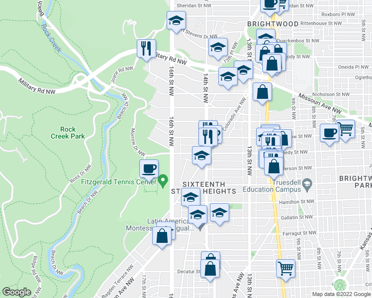map of restaurants, bars, coffee shops, grocery stores, and more near 1439 Kennedy Street Northwest in Washington