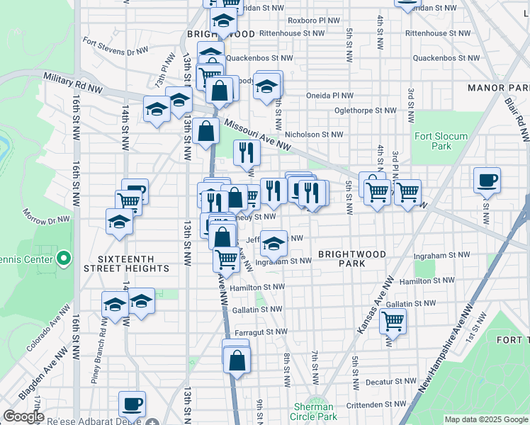 map of restaurants, bars, coffee shops, grocery stores, and more near 821 Kennedy Street Northwest in Washington