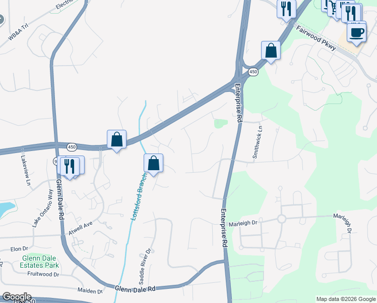 map of restaurants, bars, coffee shops, grocery stores, and more near 4901 Grid Street in Bowie