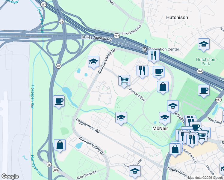 map of restaurants, bars, coffee shops, grocery stores, and more near 2411 Little Current Drive in Herndon