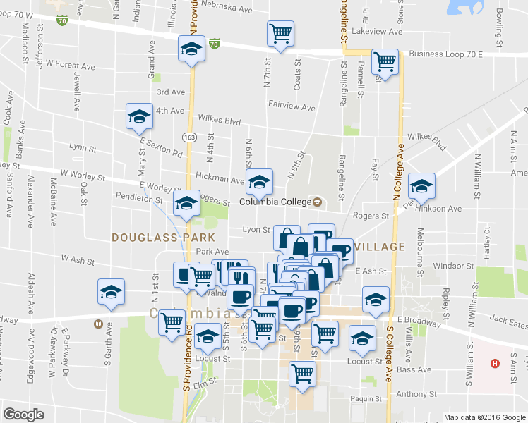 map of restaurants, bars, coffee shops, grocery stores, and more near 704 Rogers Street in Columbia