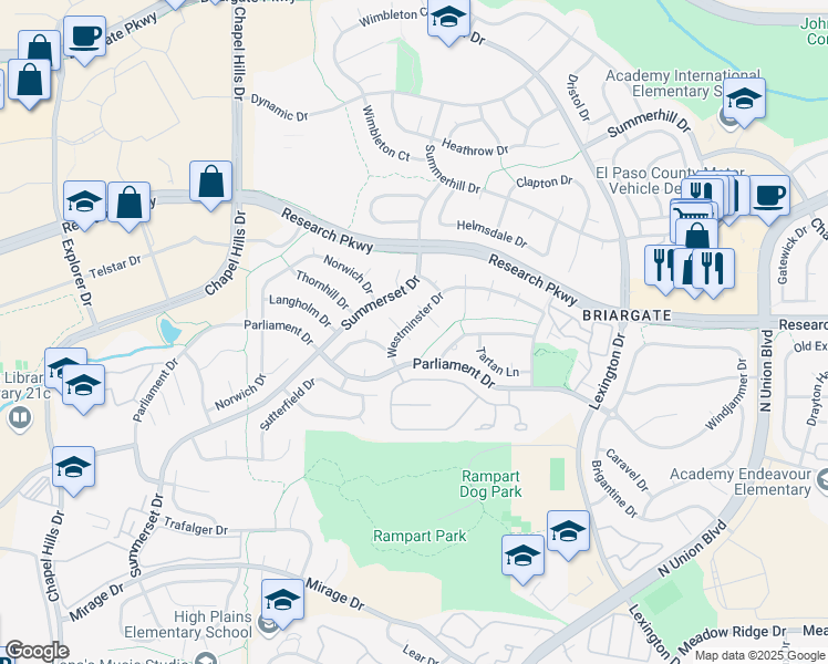 map of restaurants, bars, coffee shops, grocery stores, and more near 2710 Cornwall Ct in Colorado Springs