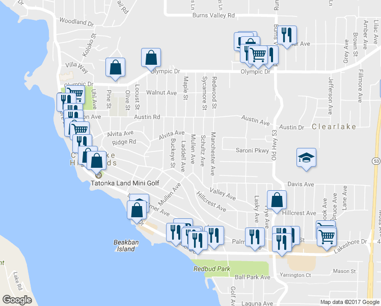 map of restaurants, bars, coffee shops, grocery stores, and more near 3865 Mullen Ave in Clearlake