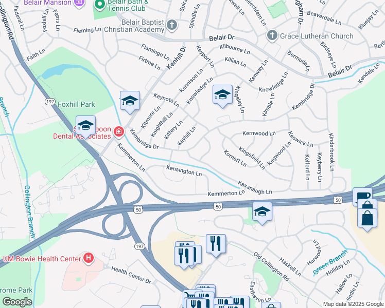 map of restaurants, bars, coffee shops, grocery stores, and more near 12500 Kavanaugh Lane in Bowie