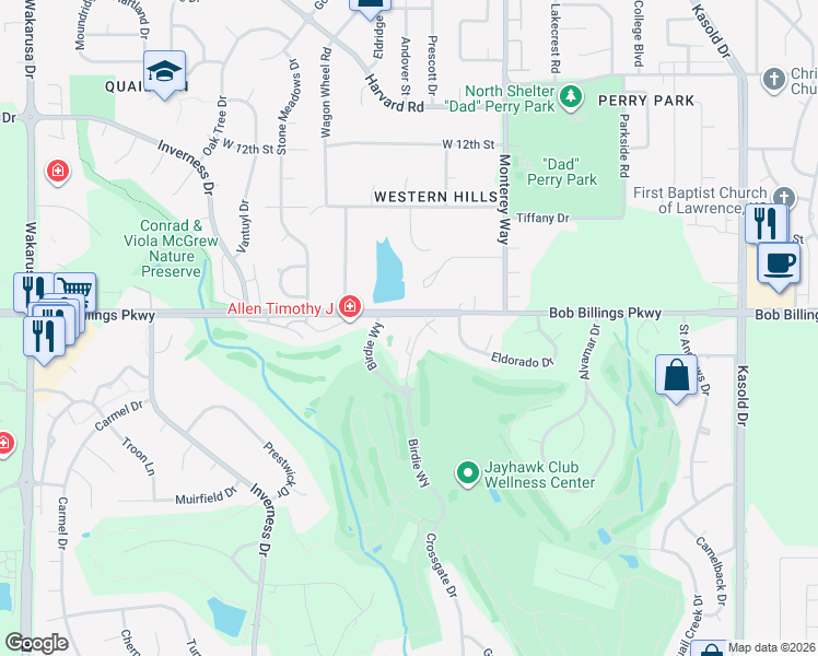 map of restaurants, bars, coffee shops, grocery stores, and more near 1504 Crossgate Drive in Lawrence
