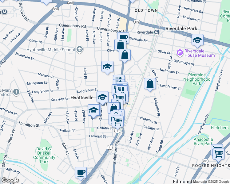 map of restaurants, bars, coffee shops, grocery stores, and more near 5601 44th Avenue in Hyattsville