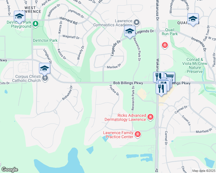 map of restaurants, bars, coffee shops, grocery stores, and more near 1501 Brink Court in Lawrence