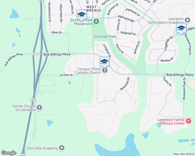 map of restaurants, bars, coffee shops, grocery stores, and more near George Williams Way in Lawrence