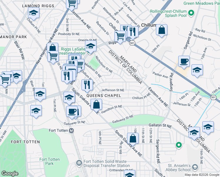 map of restaurants, bars, coffee shops, grocery stores, and more near 644 Jefferson Street Northeast in Washington