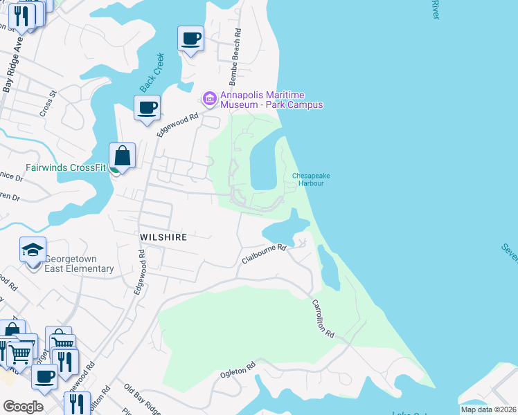 map of restaurants, bars, coffee shops, grocery stores, and more near 2106 Chesapeake Harbour Drive East in Annapolis