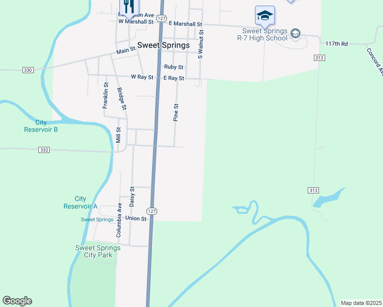 map of restaurants, bars, coffee shops, grocery stores, and more near 206 East Jefferson Street in Sweet Springs