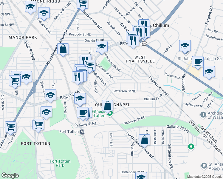 map of restaurants, bars, coffee shops, grocery stores, and more near 5401 Chillum Place Northeast in Washington