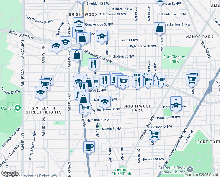 map of restaurants, bars, coffee shops, grocery stores, and more near 5503 8th Street Northwest in Washington