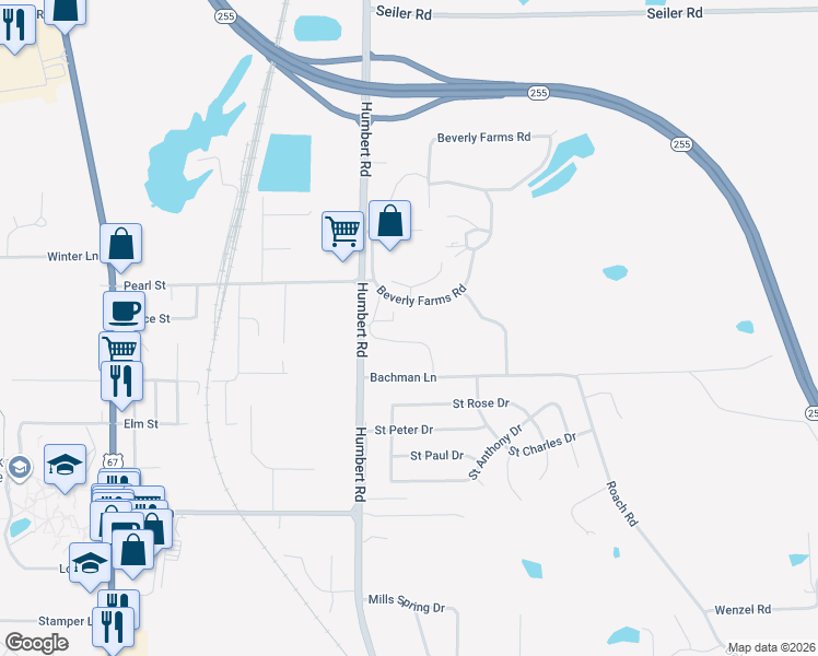 map of restaurants, bars, coffee shops, grocery stores, and more near Beverly Farms Road in Godfrey
