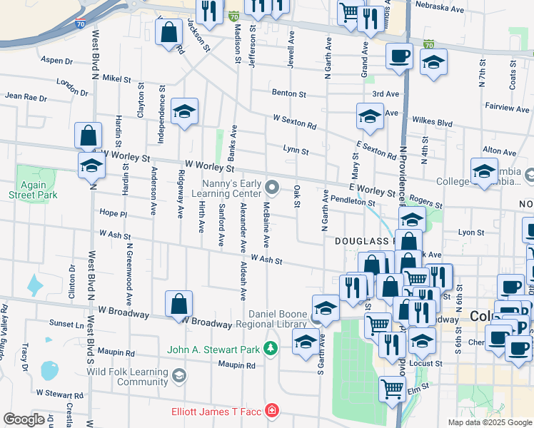 map of restaurants, bars, coffee shops, grocery stores, and more near 299 Unity Drive in Columbia