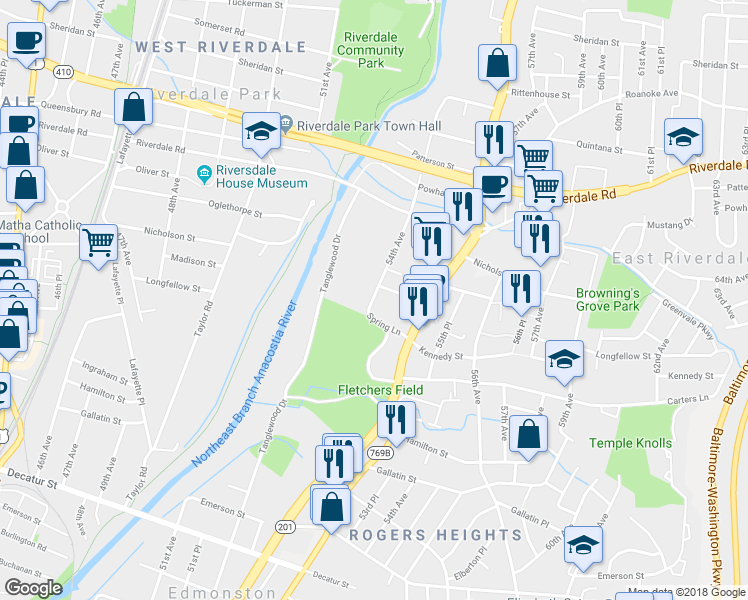 map of restaurants, bars, coffee shops, grocery stores, and more near 5407 54th Avenue in Riverdale Park