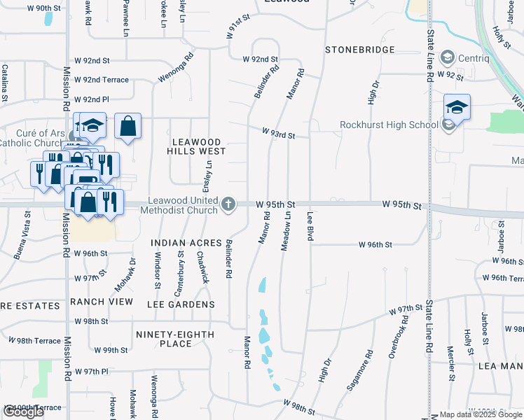 map of restaurants, bars, coffee shops, grocery stores, and more near 9500 Manor Road in Leawood