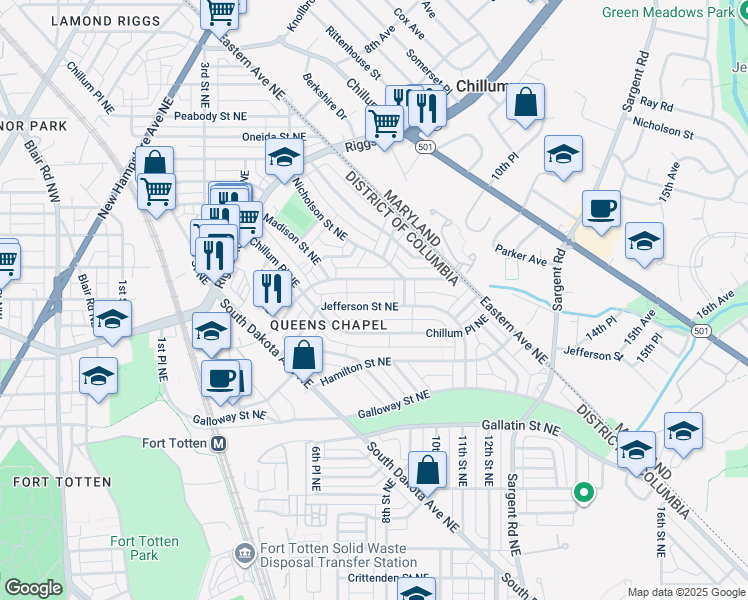 map of restaurants, bars, coffee shops, grocery stores, and more near 706 Jefferson Street Northeast in Washington