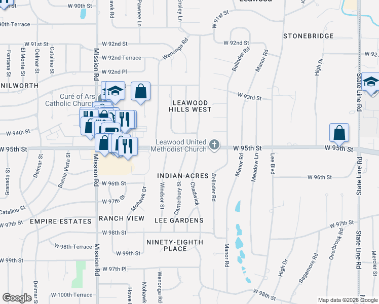 map of restaurants, bars, coffee shops, grocery stores, and more near 9500 Canterbury Street in Leawood