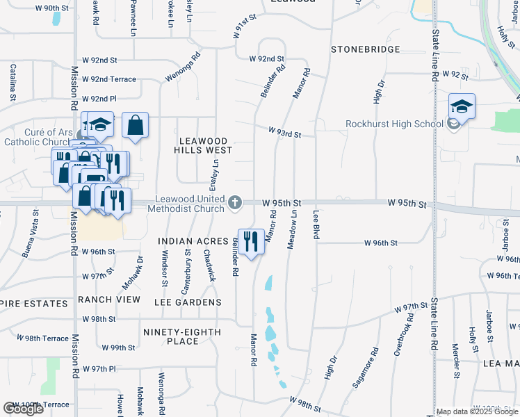 map of restaurants, bars, coffee shops, grocery stores, and more near 9500 Manor Road in Leawood