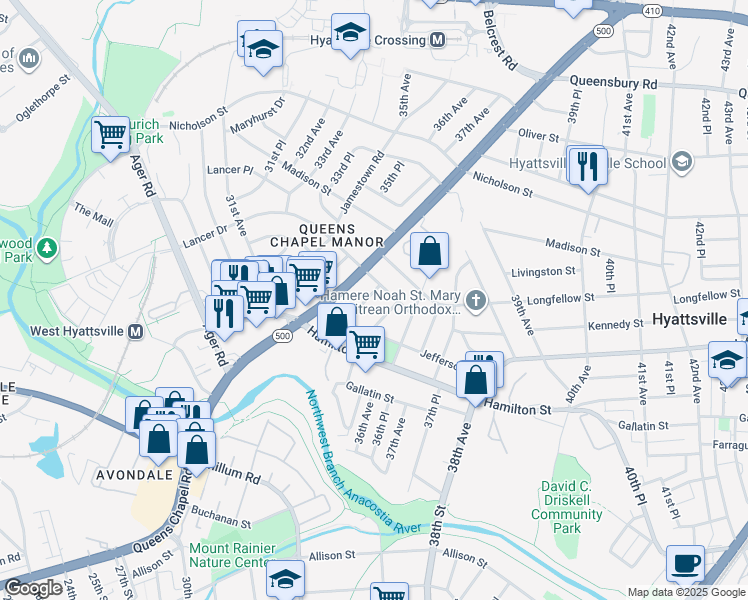 map of restaurants, bars, coffee shops, grocery stores, and more near 5613 35th Avenue in Hyattsville