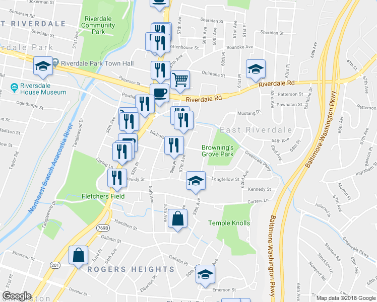 map of restaurants, bars, coffee shops, grocery stores, and more near 5703 Nicholson Street in East Riverdale