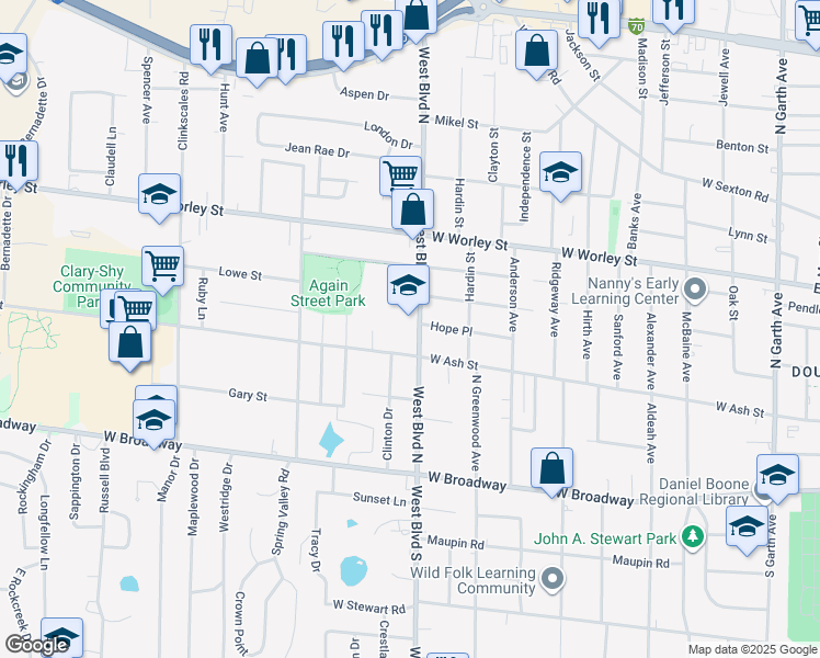 map of restaurants, bars, coffee shops, grocery stores, and more near 213-215 West Blvd North in Columbia