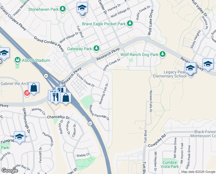 map of restaurants, bars, coffee shops, grocery stores, and more near 8617 Roaring Fork Drive in Colorado Springs
