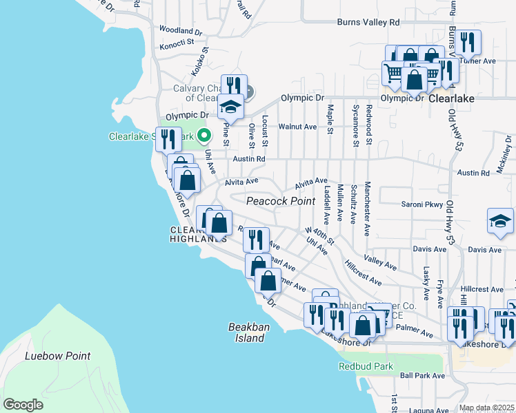 map of restaurants, bars, coffee shops, grocery stores, and more near Ridge Road in Clearlake