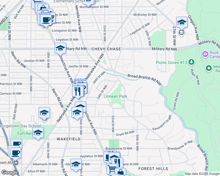 map of restaurants, bars, coffee shops, grocery stores, and more near 5116 33rd Street Northwest in Washington