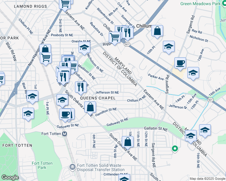 map of restaurants, bars, coffee shops, grocery stores, and more near 714 Jefferson Street Northeast in Washington