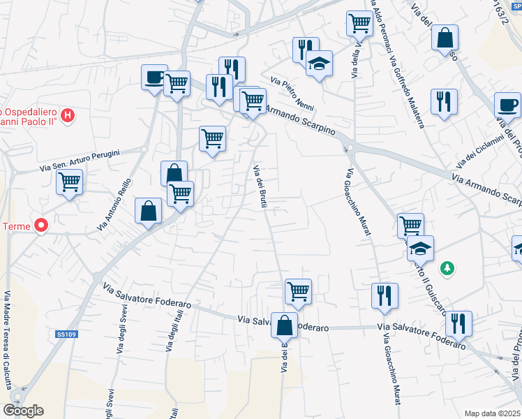 map of restaurants, bars, coffee shops, grocery stores, and more near 18 Via dei Brutii in Lamezia Terme
